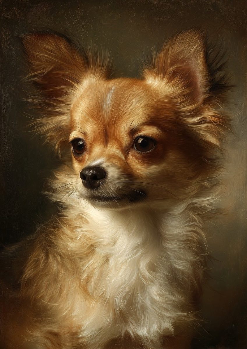 chihuahua, long haired chihuahua, oil painting style, pet, puppy, cute, portrait, classic art, dog portrait, furry, detailed, pet portrait, realistic art, vintage look, portrait art, beautiful eyes, texture detail, small animal, emotional expression