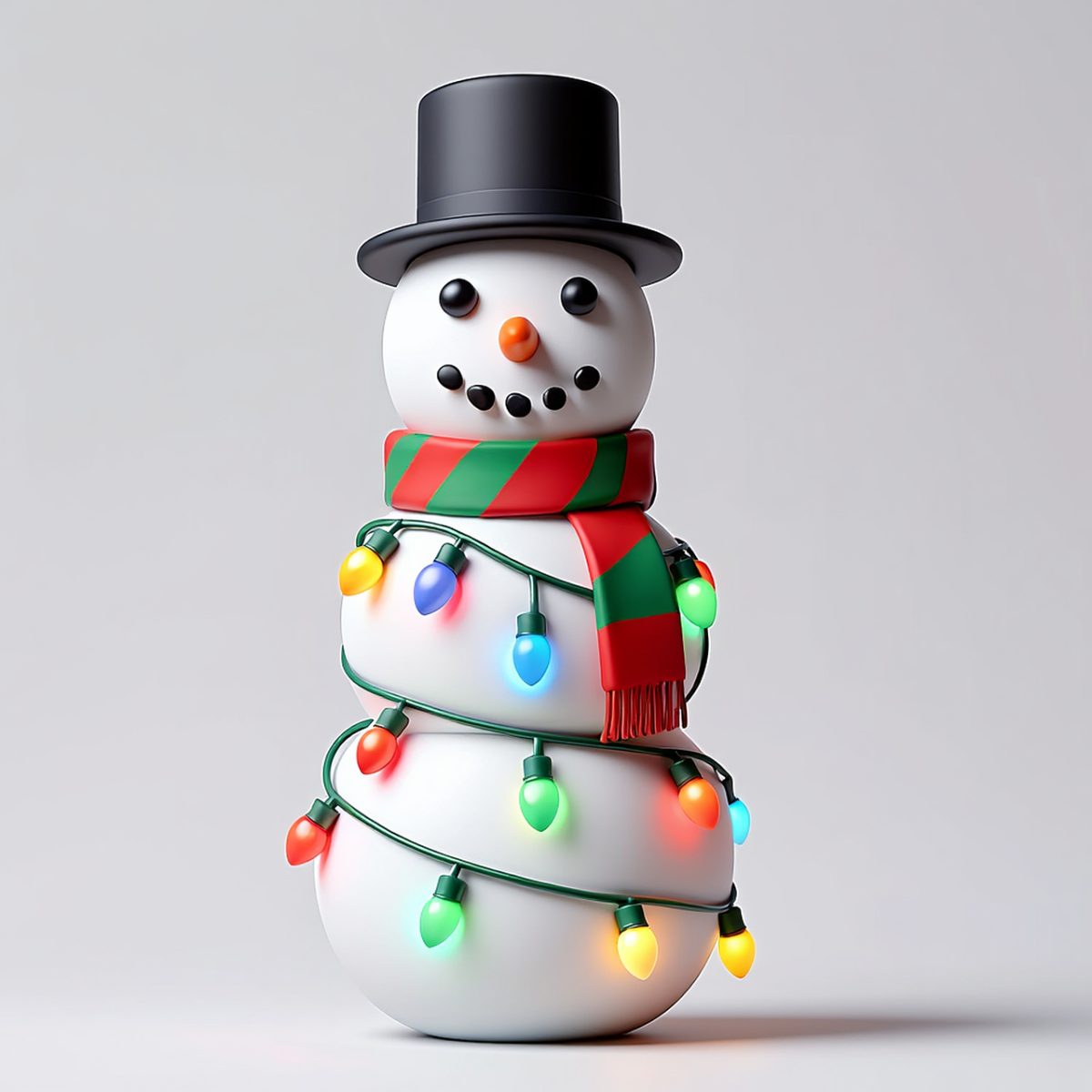 snowman, hat, carrot, christmas lights, red scarf, winter decoration, snowfall, fun, joy, tradition, winter, festive, cute, carnival, cheerful, flash, rendering, black and white, artwork, merry christmas