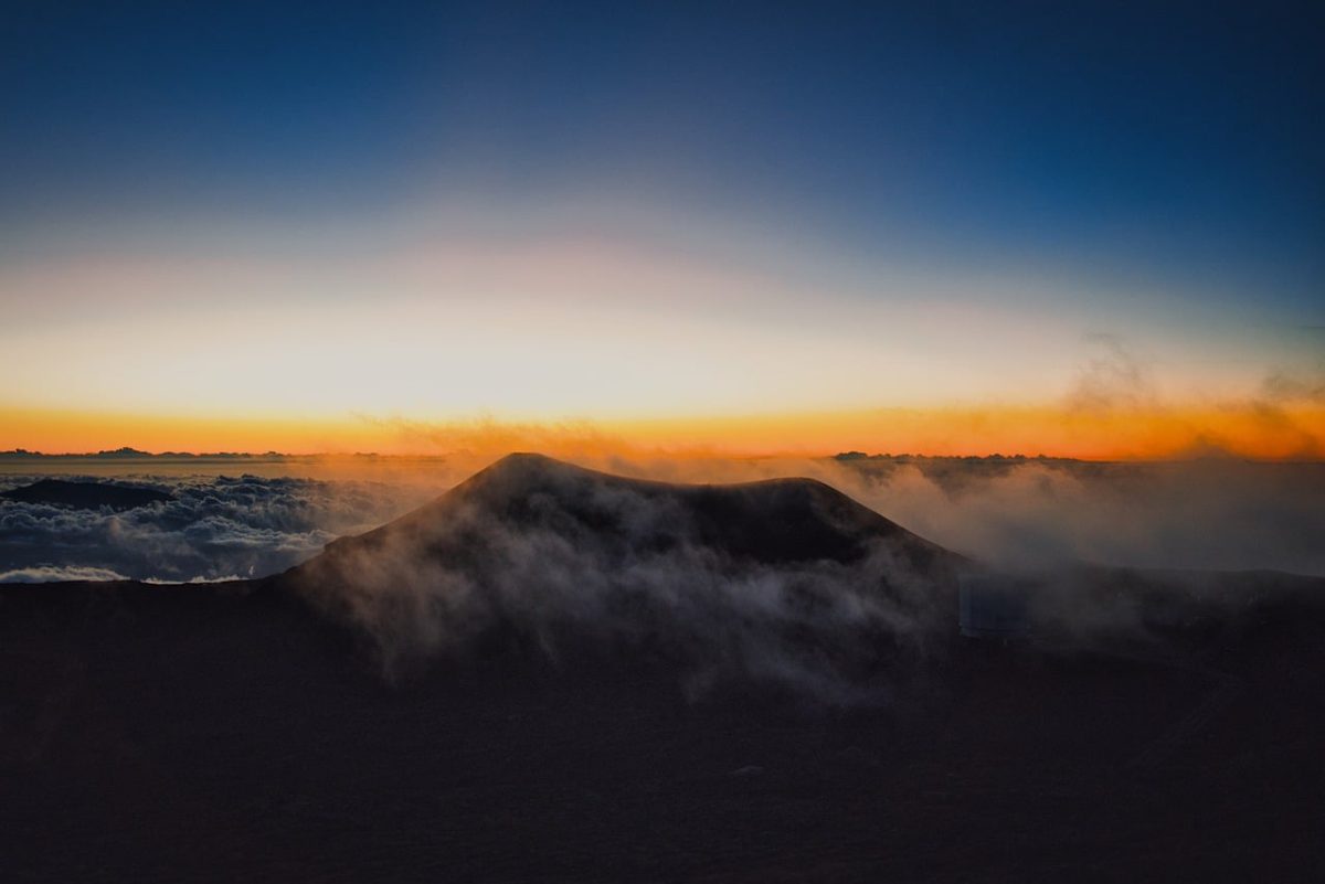 mauna kea, hawaii, mountains, landscape, clouds, sunset, evening glow, fog, adventure, nature, travel, summit, breathtaking, wide-angle, nature beauty, panorama, hiking, smoke, sky, orange sky, hills