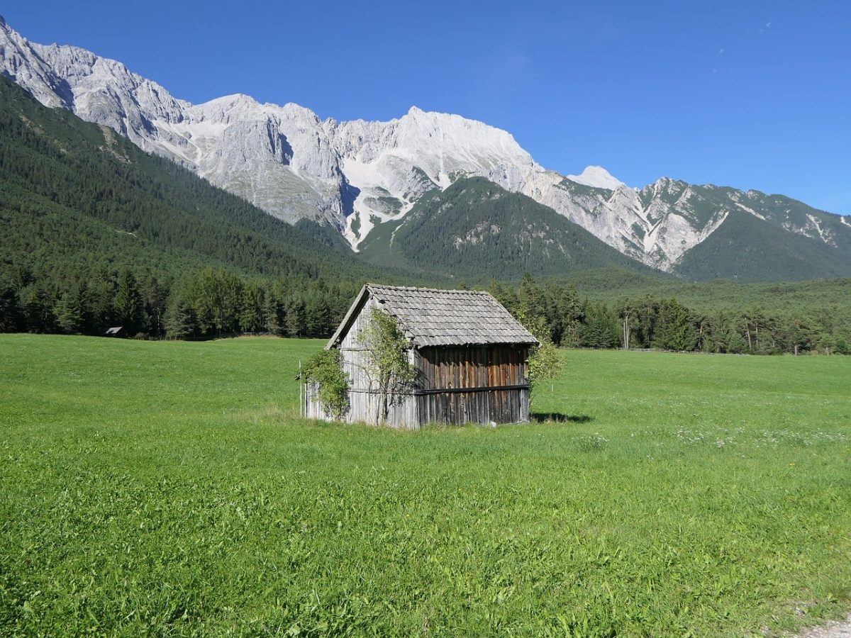 mountains, cabin, meadow, austria, wooden building, summer day, grass, valley, nature, alpine, blue sky, tourist paradise, hiking, peaceful, panorama, countryside, scenery, travel, mountain vacation, alpine pasture