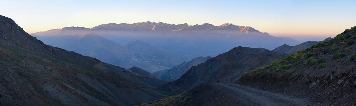 mountains, dawn, path, valley, road, nature, snow, west, sky, panorama, refreshing, fresh air, two levels, beauty, splendor, wilderness, untouched, freedom, picturesque, mountain trail