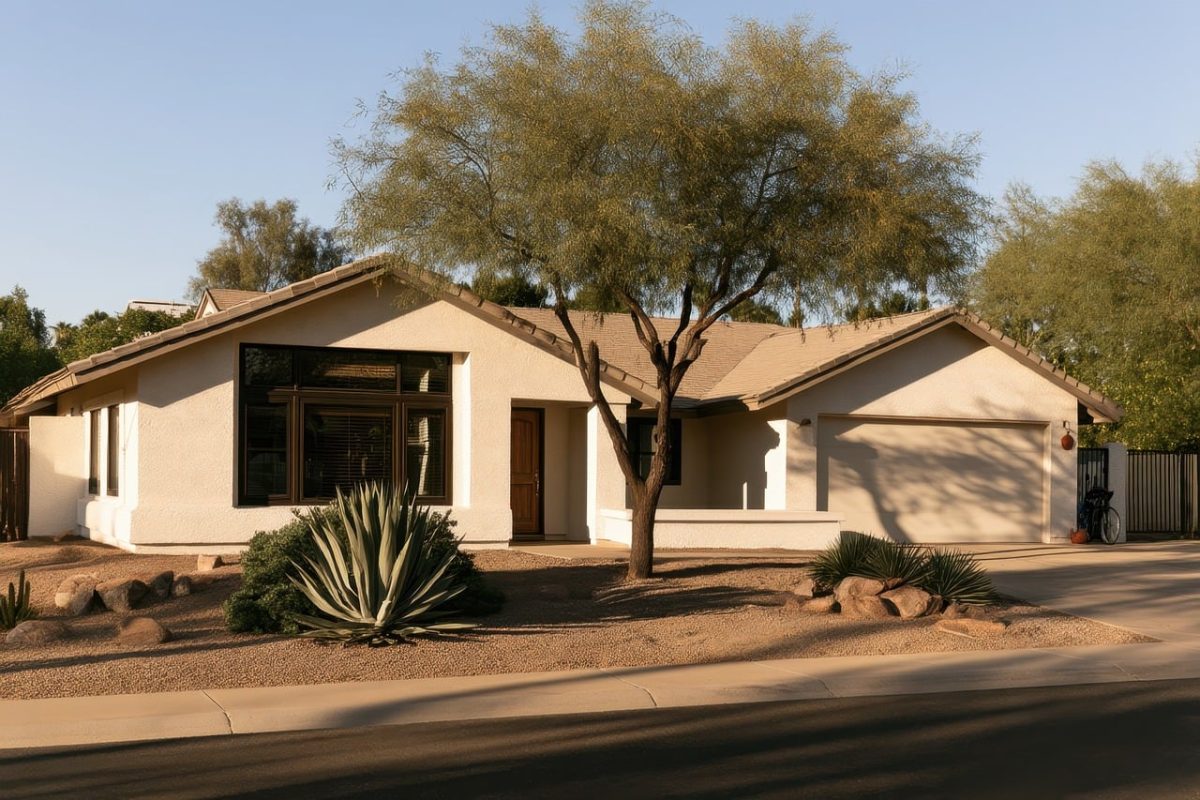 house, home, residential, modern, architecture, exterior, nature, landscaping, desert, plant, arid, sunny, light, shadow, suburban, neighborhood, front yard, agave, day, street, outdoor, property