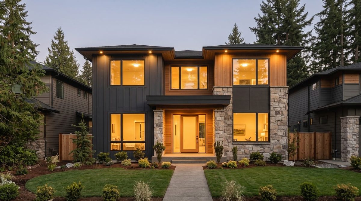 ai generated, modern house, exterior architecture, family home, luxury real estate, wood siding, stone accent, pine forest, private residence, countryside landscape, suburban house, middle class, decorative garden, facade lighting, warm home lighting, ornamental fence, luxury architecture, detached house, front yard, property, real estate investment