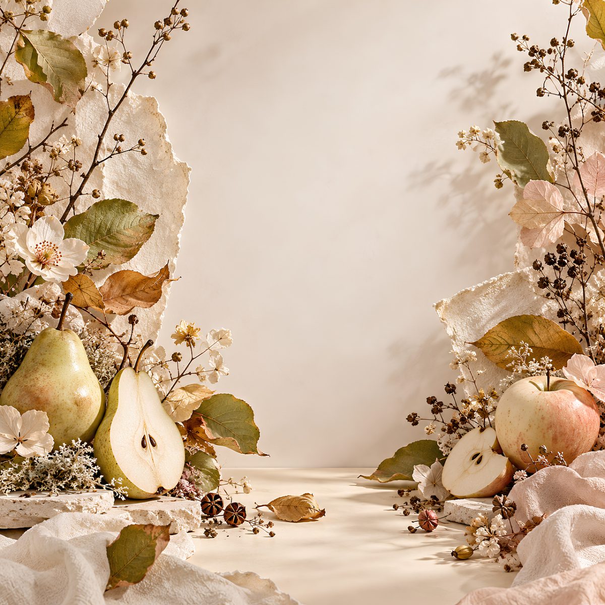 autumn, pear, apple, flowers, decoration, nature, fruit, dry leaves, aesthetics, flower wallpaper, white paper, flower background, white flower, nature still life, fruit and flowers, composition, art, beautiful flowers, romance, cardboard, arrangement, bark, white bloom