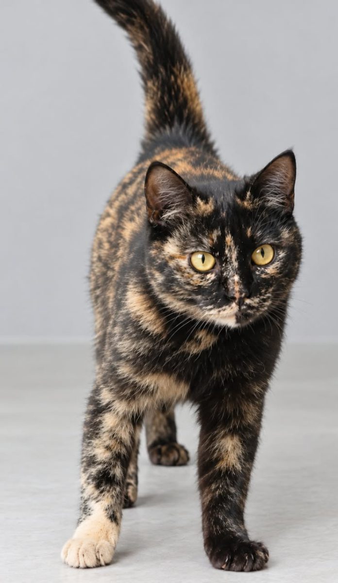 cat, tortoiseshell, furry, eyes, walking, yellow eyes, animal, portrait, grey background, fur, pet, front, smooth coat, cat fur, nature, animal portrait, short-haired cat, cat face, black fur, cat eyes