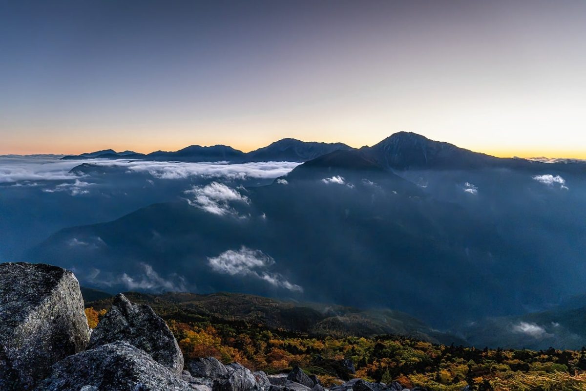 mountains, landscape, japan, autumn, sunset, clouds, red leaves, rocky terrain, mountain ridges, peaceful atmosphere, southern alps, clear sky, mountain landscape, white clouds, views, daylight, sparkling, white hills, peaks, natural scenery, Japan, Minami-Alps, Yamanashi