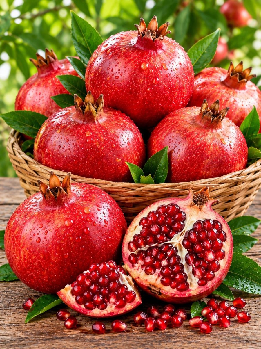 pomegranate, basket, leaves, fresh, fruit, seeds, red, health, table, nature, vitamins, juicy, garden, ripe, summer, freshly harvested