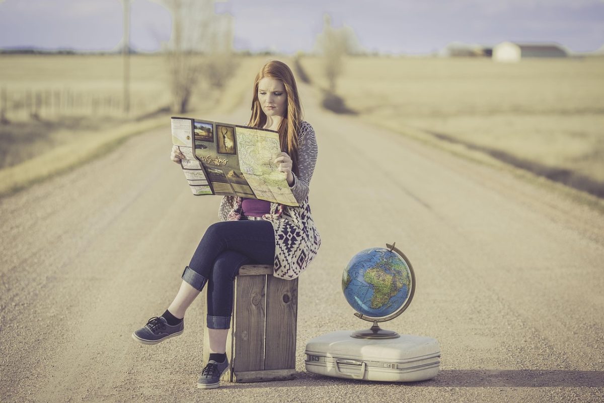globe trotter, traveller, globe, map, journey, planning, waiting, female, woman, world map, world, road, dirt road, travel, traveling, outdoors, young woman