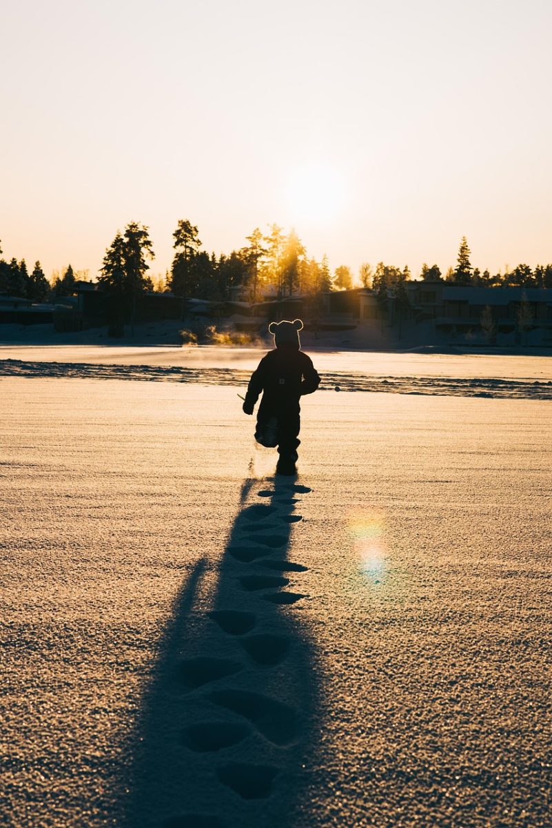 winter, snow, child, sunset, nature, running
