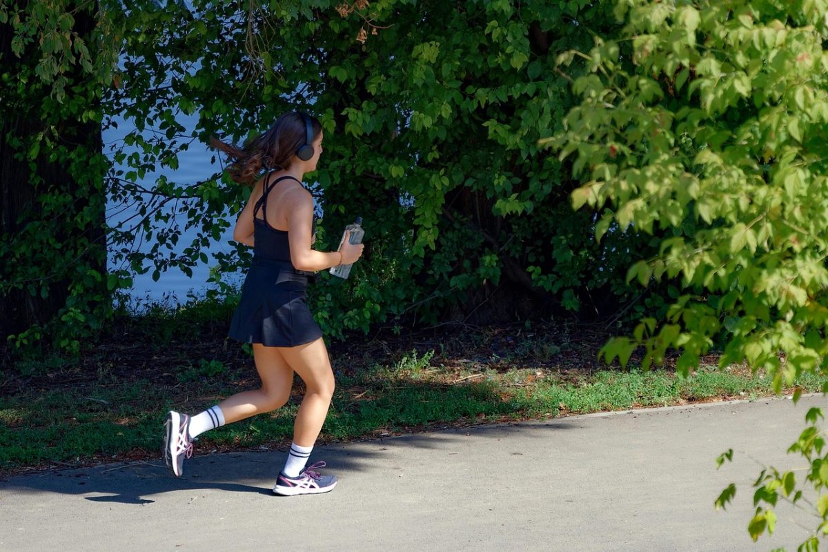 girl, running, alley, park, lake, nature, water, trees, sports, recreation, lifestyle