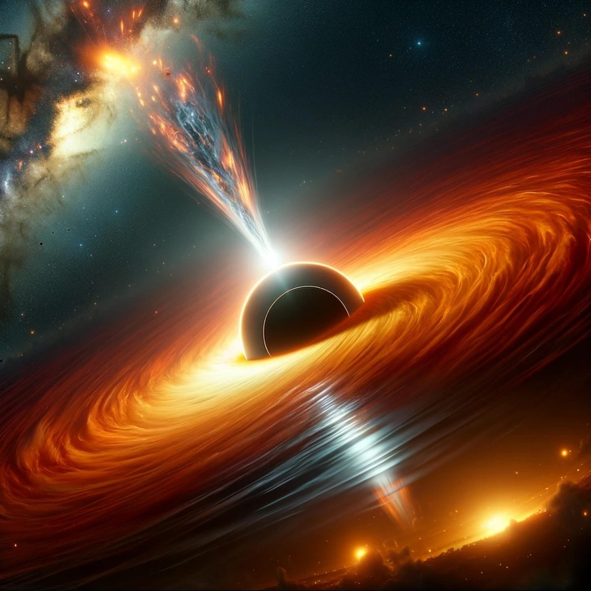 supermassive black hole, bright accretion disk, plasma jet, distant galaxy, cosmic horror, realistic rendering, hubble-inspired, high contrast, deep black, vibrant orange, swirling plasma, dramatic lighting, space phenomenon, sci-fi, fantasy
