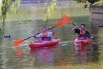 boys, rowing, kayak, water, lake, recreation, autumn, leaves, row, sports, nature, park, birds