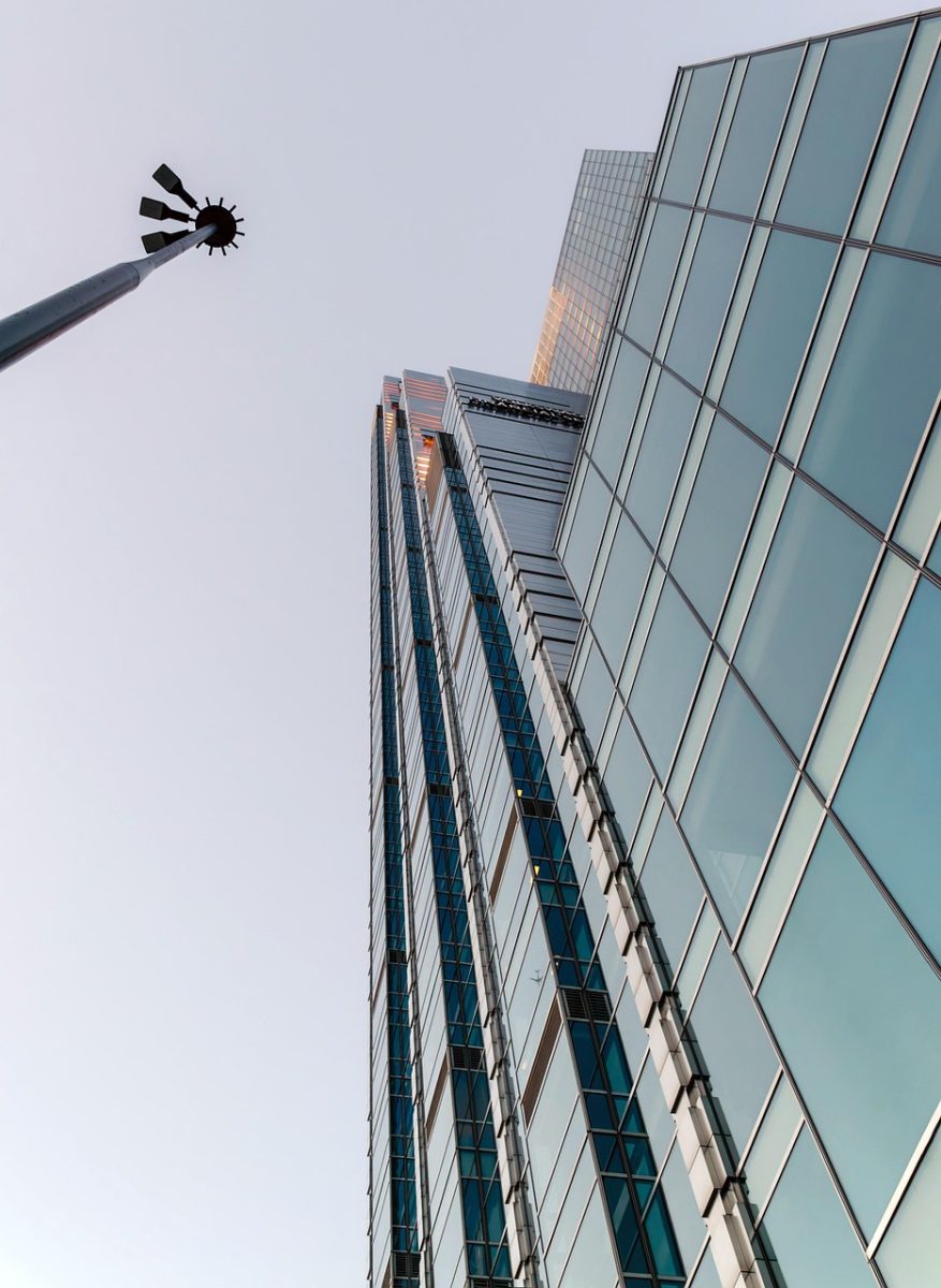 building, tower, tall, skyscraper, modern, glass, sky, lamp, urban, metropolis, offices, nature, perspective
