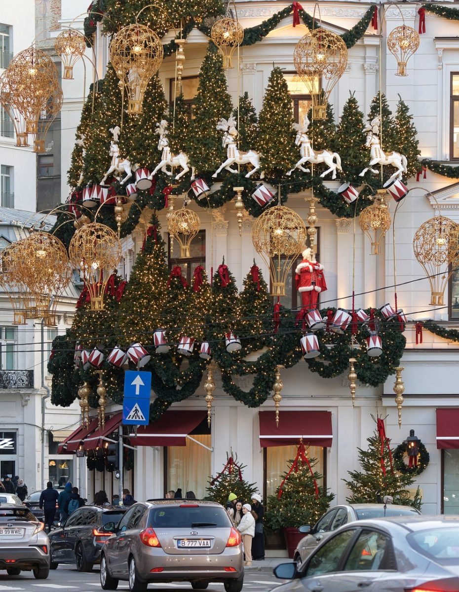 decoration, ornament, xmas, facade, hotel, nature, building, entrance, balcony, windows, figures, horse, street, cars, traffic