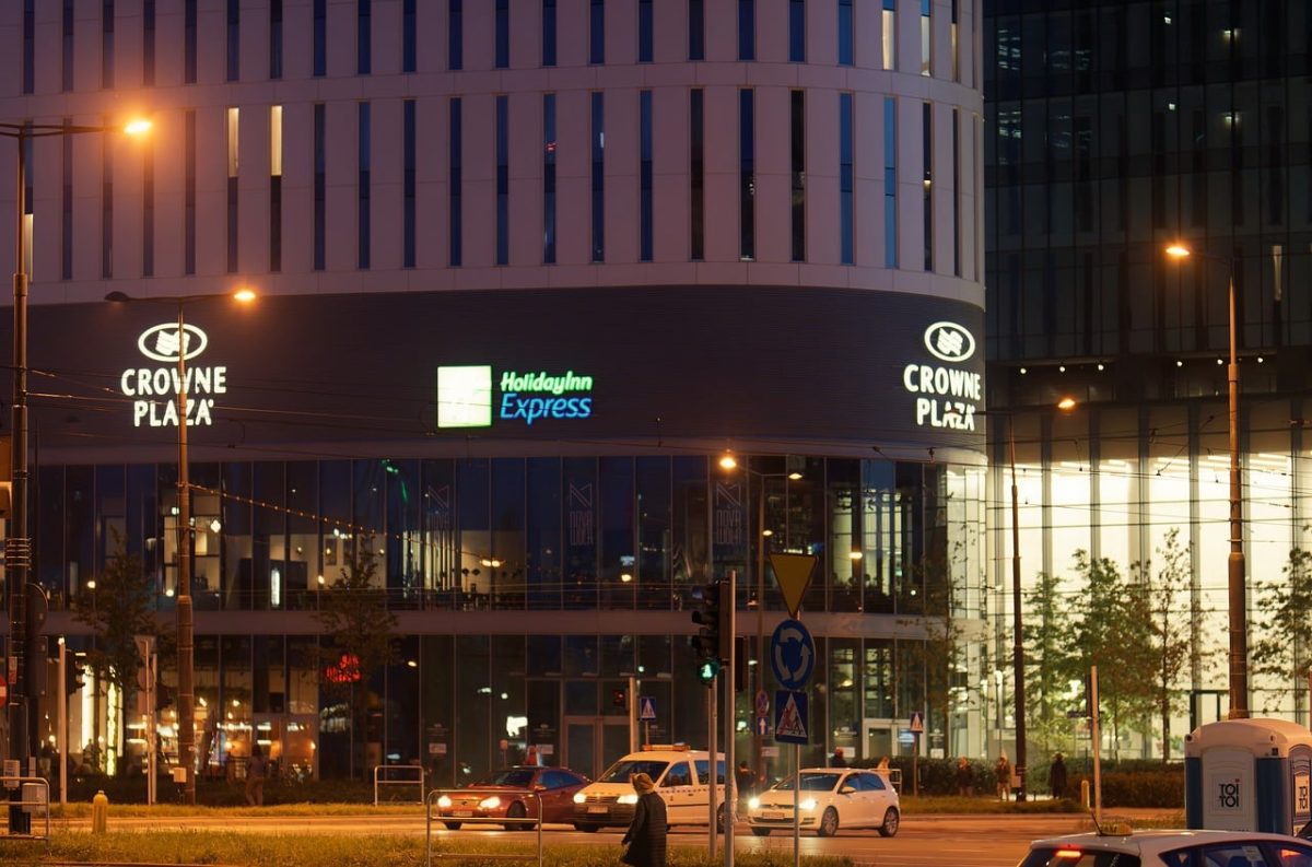 cityscape, evening, buildings, lights, cars, metropolis, advertising, shops, people, street, urban