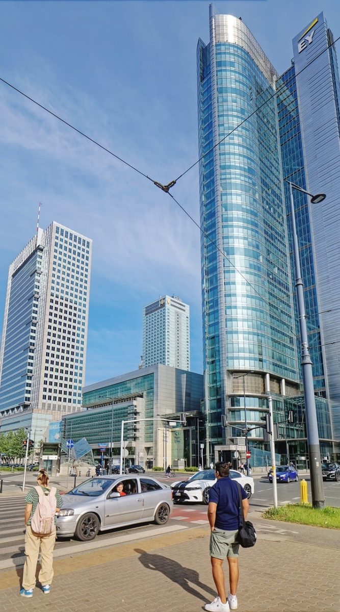 cityscape, buildings, tall, architecture, modern, towers, street, cars, people, metropolis, warsaw