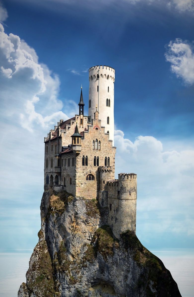 castle, architecture, building, landmark, landscape, mystical, old, stone, idyllic, cliff, sea, ocean, rock, coast, water, sky, copy space, greeting card, perched, nature, peak, apex