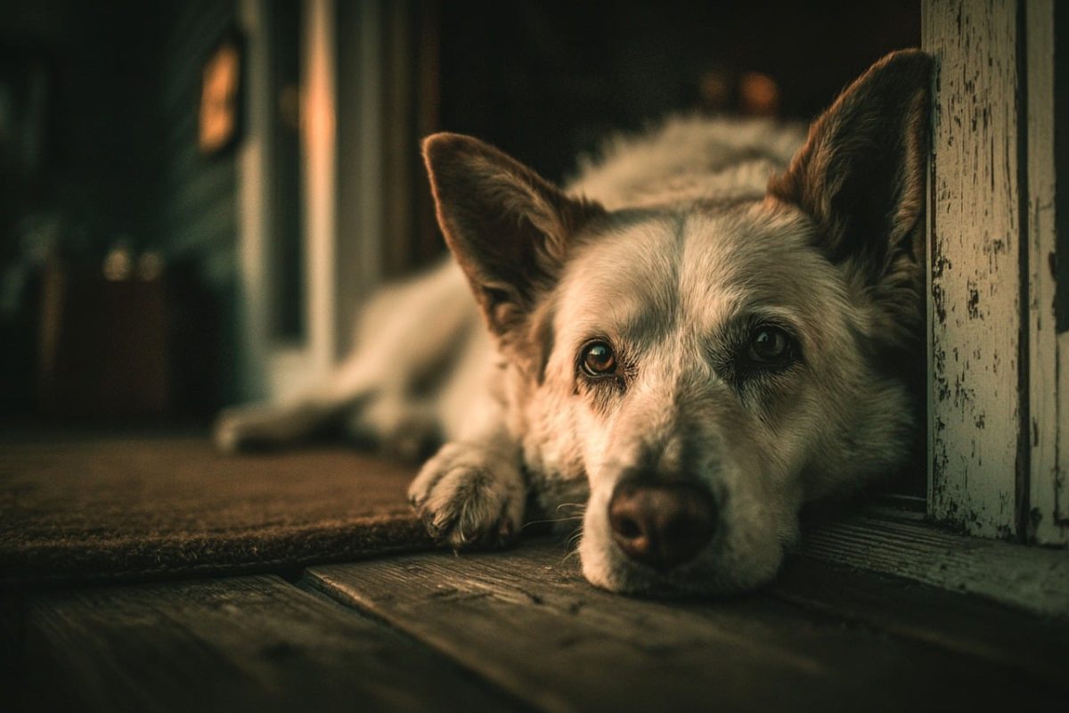 dog, pet, lying, rest, shallow focus, natural light, wood floor, interior, domestic, home, look, expression, company, serenity, animal, faithfulness, animal photography, depth of field, soft light, intimacy, foreground, Valpuiseaux, France, Île-de-France
