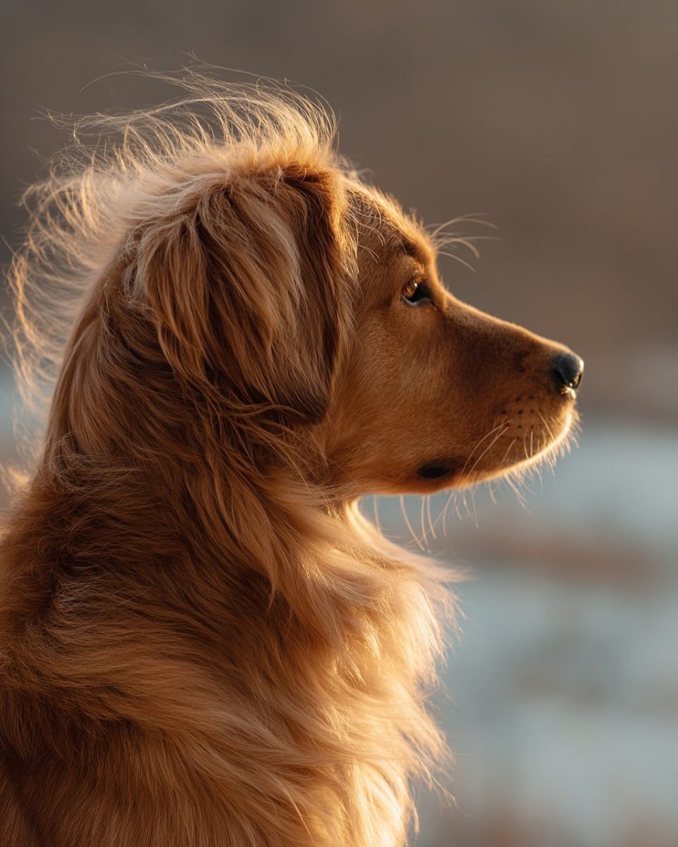 golden retriever, dog, pet, animal, canine, backlit, golden hour, sunset, 8k wallpaper, rim light, glow, warm tones, outdoor, nature, portrait, shallow depth of field, bokeh, lens flare, minimal background, copy space, photorealistic, 8k, detailed, soft light, elegant, serene