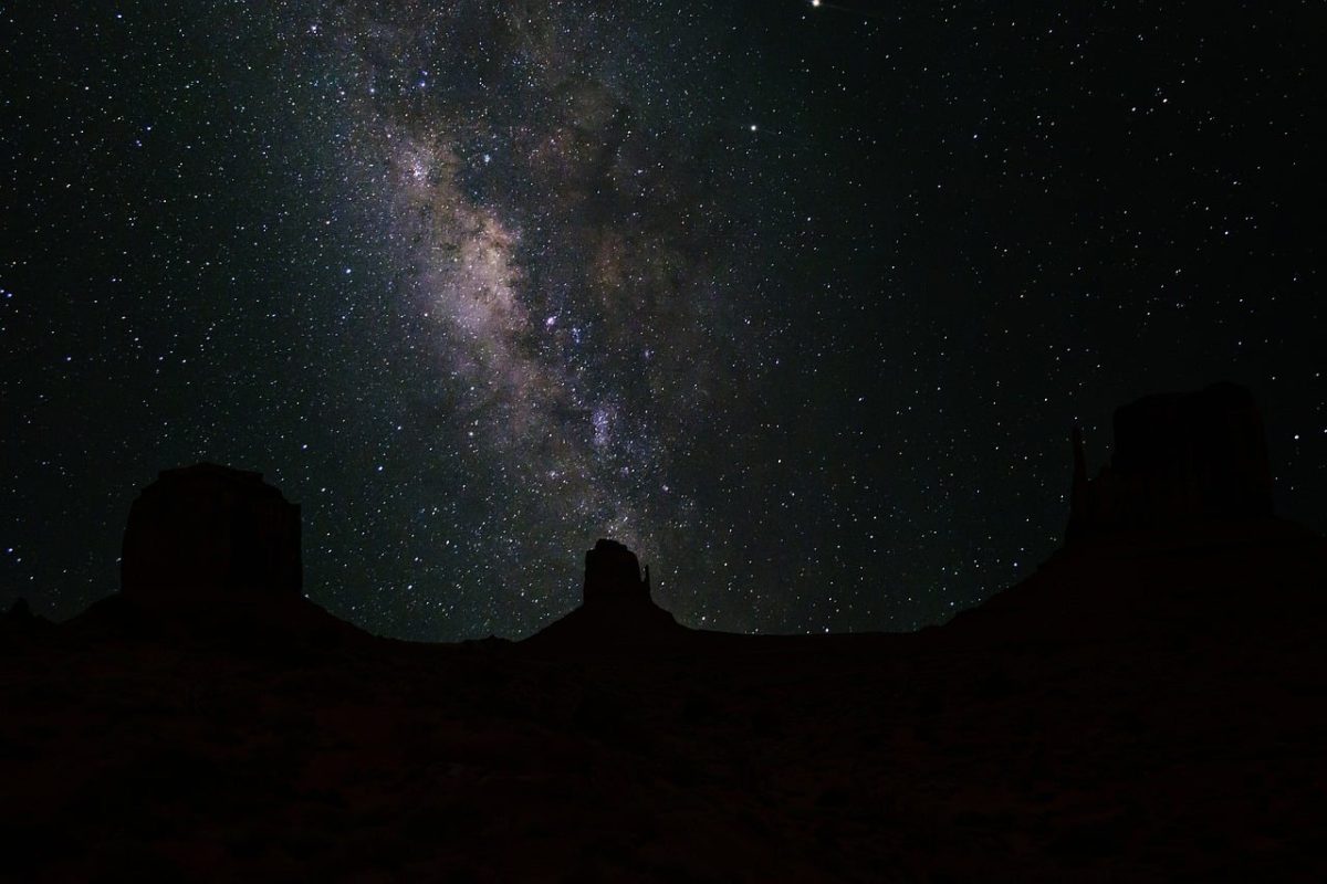 milky way, universe, galaxy, space, stars, hd wallpaper, sky, night, cosmos, astronomy, constellations, stargazing, dark, monument valley, usa, arizona, navajo, landscape, monument, america, travel, scenic, mood, wallpaper, copy space, greeting card