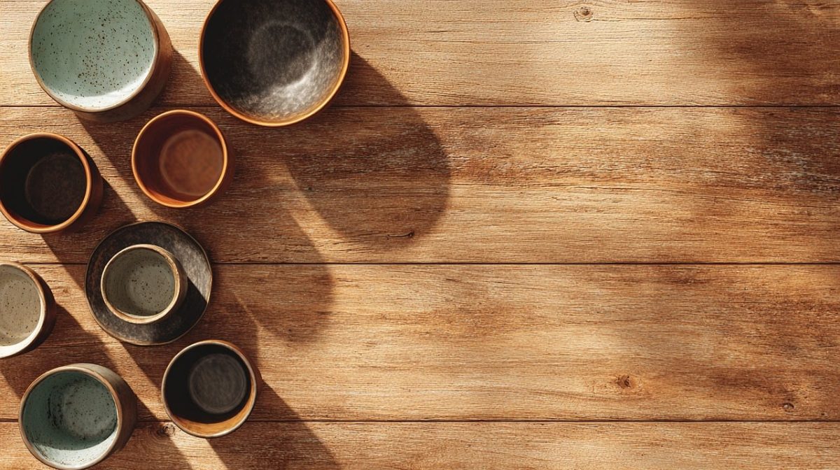 ai generated, wooden table, top view, empty space, menu background, rustic texture, natural light, realistic layout, cafe design, minimalist