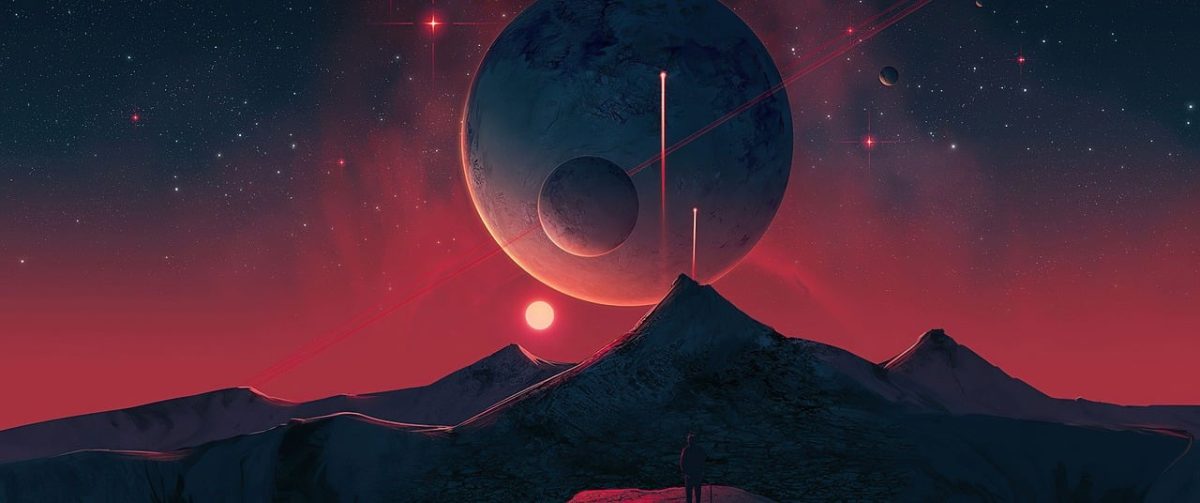 space, nature, planet, moon, landscape, red sky, mountains, digital art, stars, fantasy, futuristic, mysterious, optical illusion, night sky, starry sky, futuristic landscape, space adventure, sci-fi, meteor, space landscape