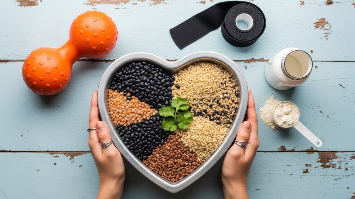nutrition, proteins, grain, beans, rice, lentils, supplement, dust, dumbbells, orange, blue, fitness, muscle, diet, carbohydrates, healthy, food, energy, sport, building, body, gym, training, ingredients, generated by ai