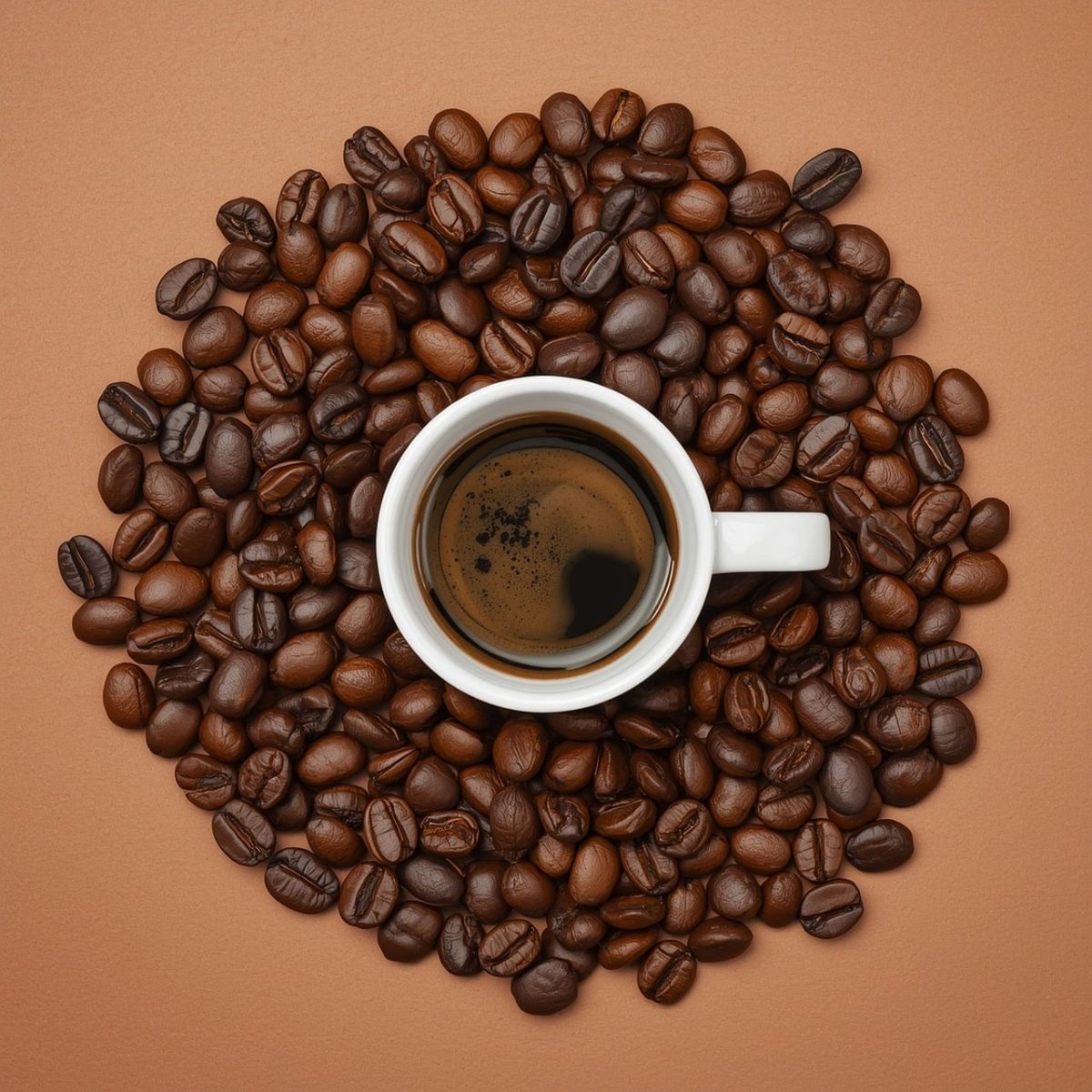 coffee, mug, bean, espresso, white mug, roasted beans, dark roast, caffeine, coffee break, hot beverage, black coffee, woody aroma, foam texture, simplicity, clean composition, elements, high angle view, minimalism, coffee cup, conceptual art, rustic style