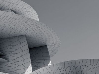 national museum of qatar, architecture, modern, curved, desert rose, doha, futuristic, blue sky, facade, museum, sand-colored, steel construction, middle eastern design, cultural, iconic, geometric, symmetrical, modern art, extravagant, arab culture