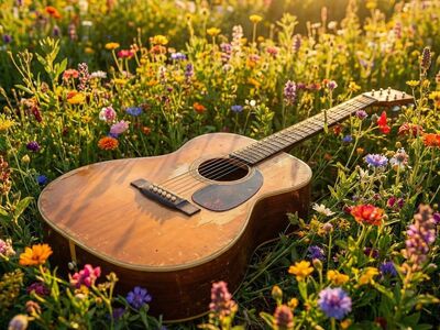 viola, violin, guitar, nature, music, violet, objects, instrument, song, sound, guitarist, acoustic, ai generated