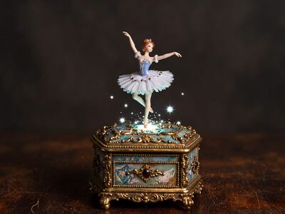 ballerina, magic, dance, ballet, jewelry, miniature, glowing, fairy, fantasy, elegant, childhood, sparkle, treasure, vintage, porcelain, dancer, gift, romantic, music box, ai generated