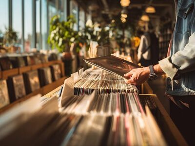 vinyl, store, record, music, shop, person, browsing, hand, album, collection, entertainment, culture, retro, vintage, lifestyle, retail, indoor, selection, display, shelf, choice, hobby, audio, sound, ai generated