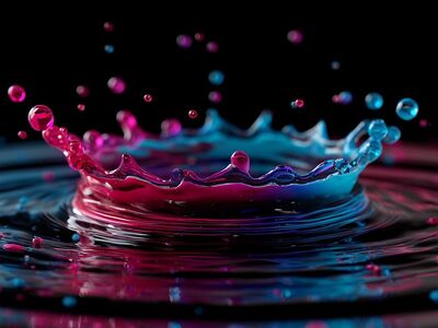 water, splash, liquid, drop, blue, pink, color, vibrant, motion, dynamic, ripple, surface, wave, abstract, texture, freshness, clean, cool, dark, art, design, flow, energy, nature, ai generated