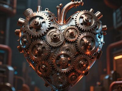 ki, metal, heart, love, steampunk, gear, transmission, mechanics, industry, gold, brown, connectedness, friendship