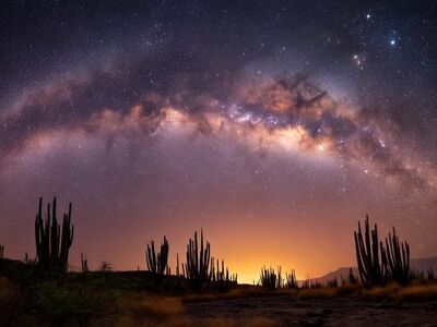 night, sky, star, brazil, landscape, desert, cactus, silhouette, dark, astronomy, galaxy, space, universe, cosmos, nature, outdoor, scenic, travel, environment, biome, exclusive, america, south, horizon, ai generated