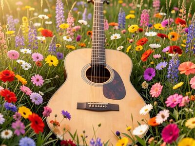 viola, violin, guitar, nature, music, violet, objects, instrument, song, sound, guitarist, acoustic, flor, flores, ai generated