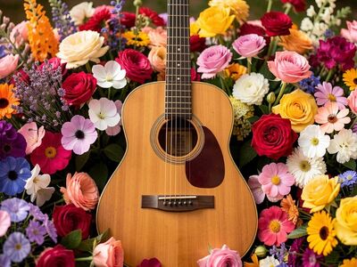 viola, violin, guitar, nature, music, violet, objects, instrument, song, sound, guitarist, acoustic, flor, flores, ai generated