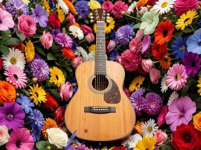 viola, violin, guitar, nature, music, violet, objects, instrument, song, sound, guitarist, acoustic, flor, flores, ai generated