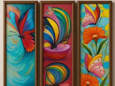 butterflies, artworks, painting, modern art, bright colors, abstract art, decorative art, red flowers, orange background, butterfly art, colorful pattern, various styles, home decor, spiritual themes, nature themes, wall art, red and orange, unique decoration, artistic frames