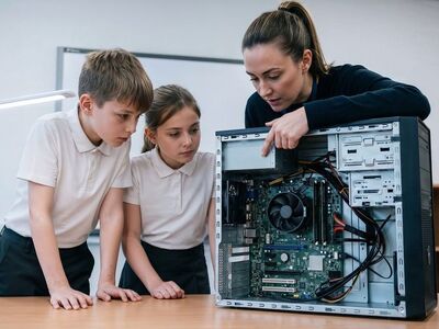 students, teacher, computer, motherboard, hardware, school, uniform, technology, education, classroom, electronics, learning, investigation, science, pc, peering, interior, curious, ai generated