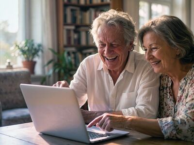 seniors, laptop, laughing, couple, home, technology, joy, connection, interior, bookshelf, sunlight, togetherness, digital, lifestyle, happiness, retirement, learning, cozy, interaction, discovery, ai generated