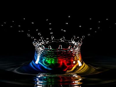water, splash, drop, crown, liquid, colorful, rainbow, spectrum, macro, abstract, ripple, motion, frozen, reflection, black background, vibrant, blue, green, red, yellow, crystal, clean, nature, artistic, high speed, fluid