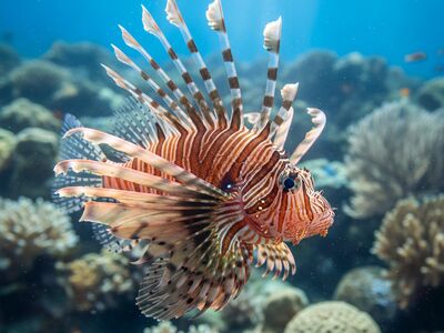 lionfish, nature, underwater, fishes, sea, exotic, water, poisonous, fish, coral reef, marine, beautiful, ocean, animal, multicoloured, dangerous, wildlife, coloured, out of the ordinary, tropical, corals, ai generated