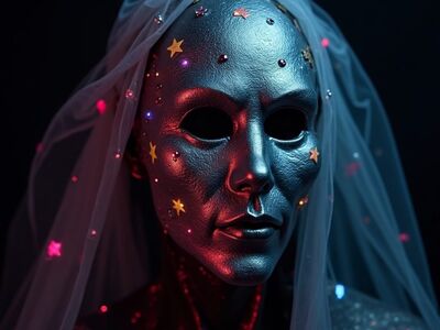 alien, mask, veil, futuristic, fantasy, art, sculpture, neon, decadent, mysterious, sci-fi, universe, glittery, colorful, scary, stars, fantastic, mosaic, starry, extraterrestrial, metallic