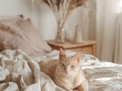 cat, feline, home, cosiness, aesthetics, bedroom, pet, bed, morning, aesthetic, thoroughbred, beige, animal, ai generated