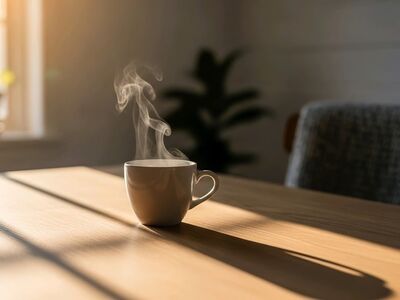 coffee, breakfast, morning, cup, steam, hot, caffeine, table, sunlight, wood, lifestyle, cozy, drink, espresso, latte, aroma, relaxation, shadow, window, mug, interior, beverage, coffee cup, still life, minimalist, atmosphere, ai generated