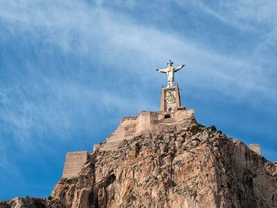 statue, christianity, christ, religion, mountain, sky, clouds, stone, fortress, monument, architecture, art, tourist attraction, view, blue sky, panorama, world heritage, tourism, rock cliff, spirituality