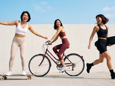 exercise, motivation, outdoor, fun, friends, happiness, community, balance, cycling, longboard, laughing, friendship, active, sneakers, pants, self-irony, urban, women, bicycle, ai generated