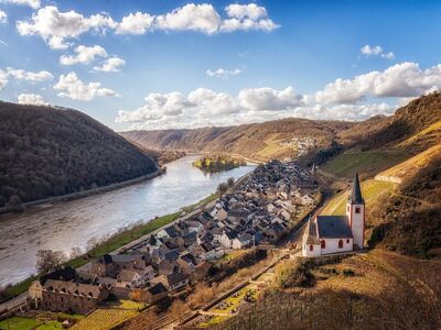 landscape, nature, flow, moselle, vineyards, germany, village, church
