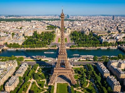 eiffel tower, paris, france, aerial view, seine river, champ de mars, trocadéro, cityscape, landmark, architecture, urban, tourism, travel, iron structure, park, gardens, bridges, summer, blue sky, panorama, ai generated